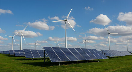 Breathtaking sunset over renewable energy sources with solar panels and wind turbines in a lush landscape.