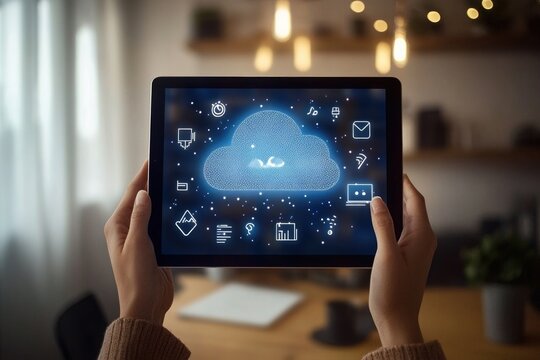 Person holding a tablet displaying a cloud computing interface with various application icons in a well-lit room.