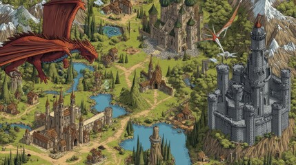Fototapeta premium A detailed illustration presents a vibrant fantasy map featuring a red dragon over medieval castles.