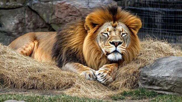 Majestic lion resting in a zoo enclosure