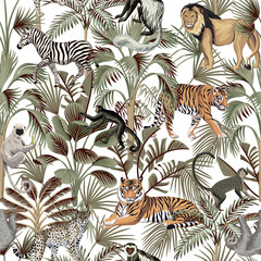 Tiger, lion, monkey, lemur, zebra animal, tropical palm tree, banana leaves, plant floral seamless pattern white background. Exotic botanical jungle wallpaper.