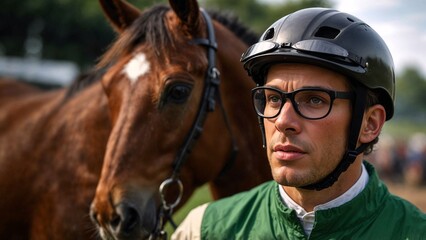 Jockey in glasses looking at horse on racing track  