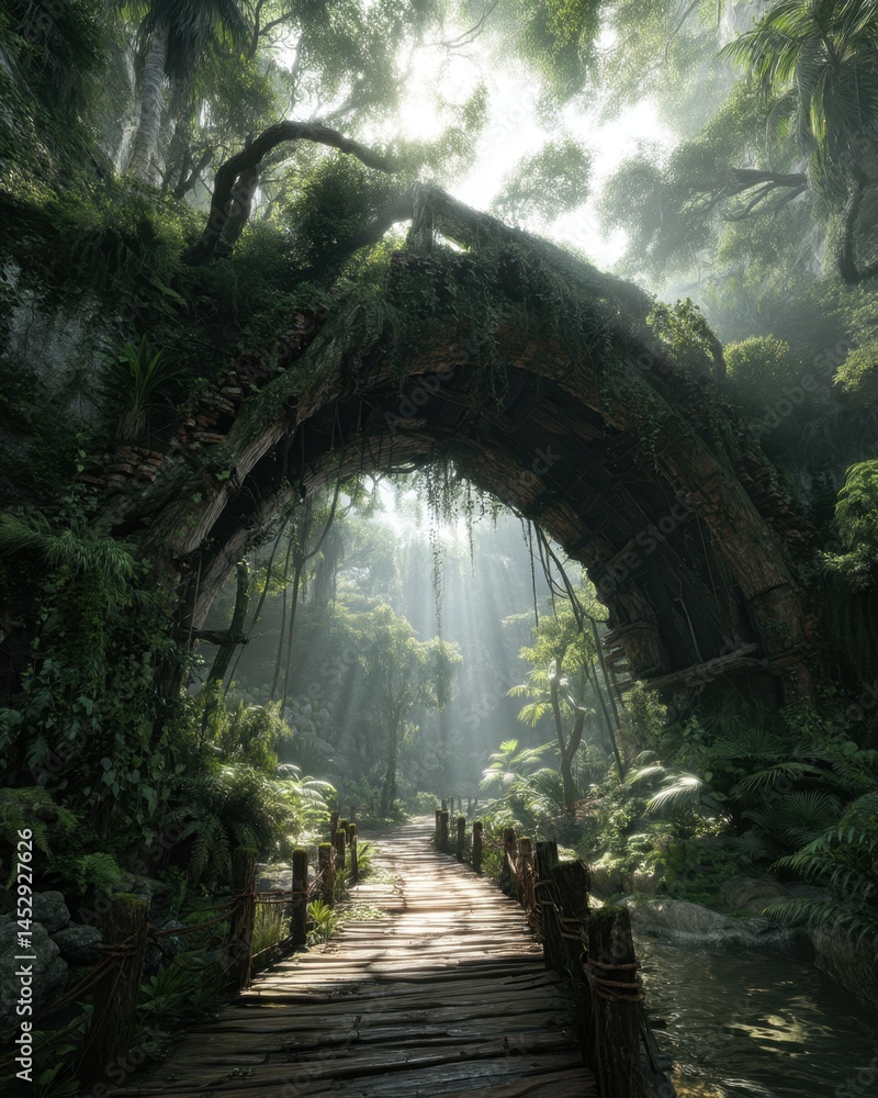 Poster enchanted jungle bridge with sunbeams and lush greenery creating a serene tropical landscape with a 