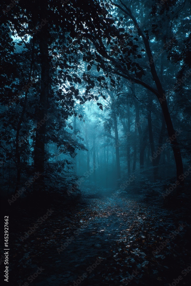 Poster eerie forest path shrouded in mystical fog illuminated by ethereal light creating a serene atmospher