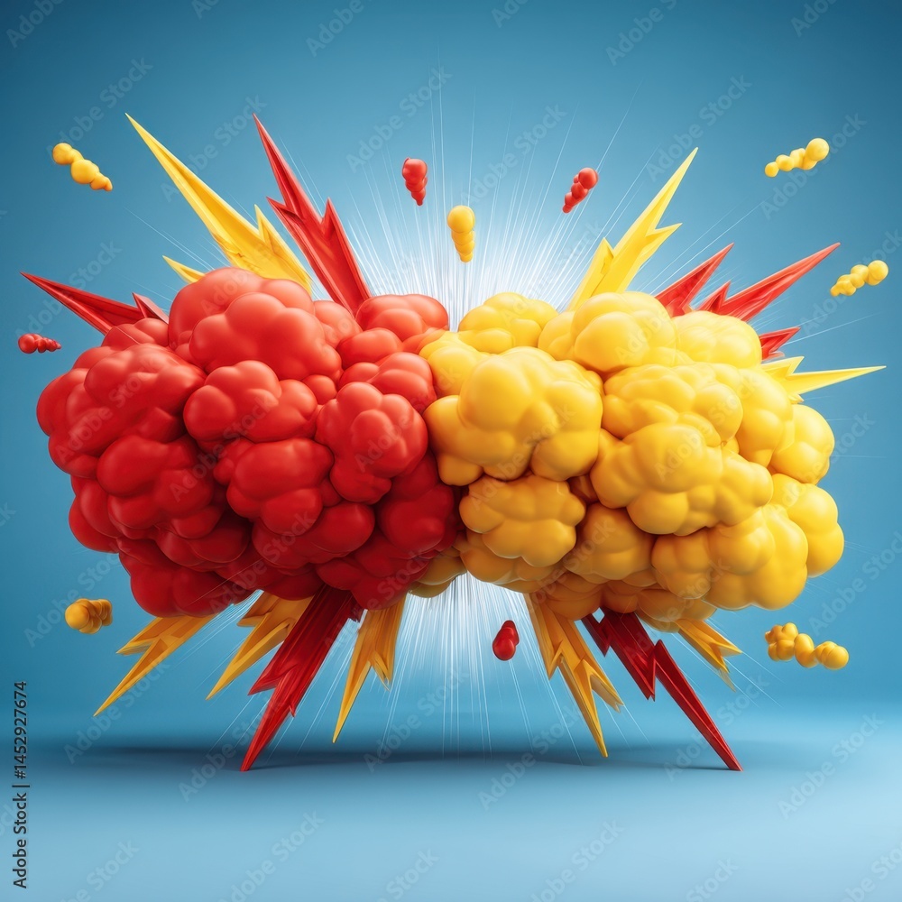 Poster conceptual clash of vibrant red and yellow clouds with sharp spikes against a serene blue backdrop c