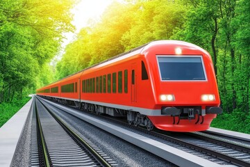 Obraz premium Red Train Through Green Forest - A vibrant red passenger train speeds through a lush green forest, bathed in sunlight. Perfect for travel, transportation, and nature themes