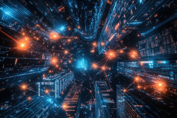 A futuristic cityscape interconnected by glowing lines, representing a digital network and data flow.