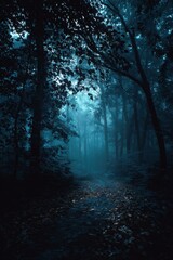 Fototapeta premium Eerie forest path shrouded in mystical fog illuminated by ethereal light creating a serene atmosphere with tall trees and fallen leaves in a tranquil scene