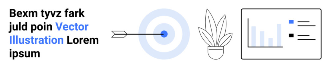 Bullseye arrow on target, potted plant, analytics chart highlighting precision, growth, efficiency. Ideal for strategy, goal setting, marketing, productivity planning teamwork flat landing page