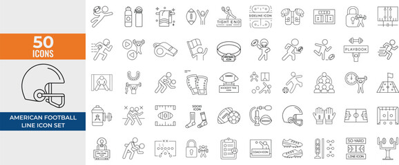 American Football Line Icons Set &ndash; Vector Pictograms of Players, Equipment, Game Elements, and Referee
