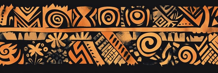 Traditional Hawaiian tribal pattern featuring bold geometric shapes and symbols in a vivid orange and black palette with a handcrafted texture