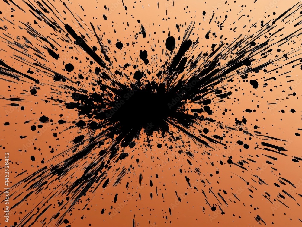 Poster dynamic black ink explosion on vibrant orange gradient background creating a dramatic abstract desig