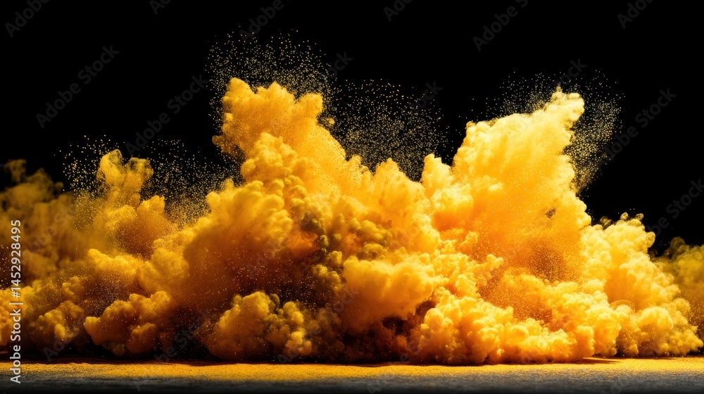 Poster golden explosion against black backdrop creating dynamic abstract art with vibrant color and texture