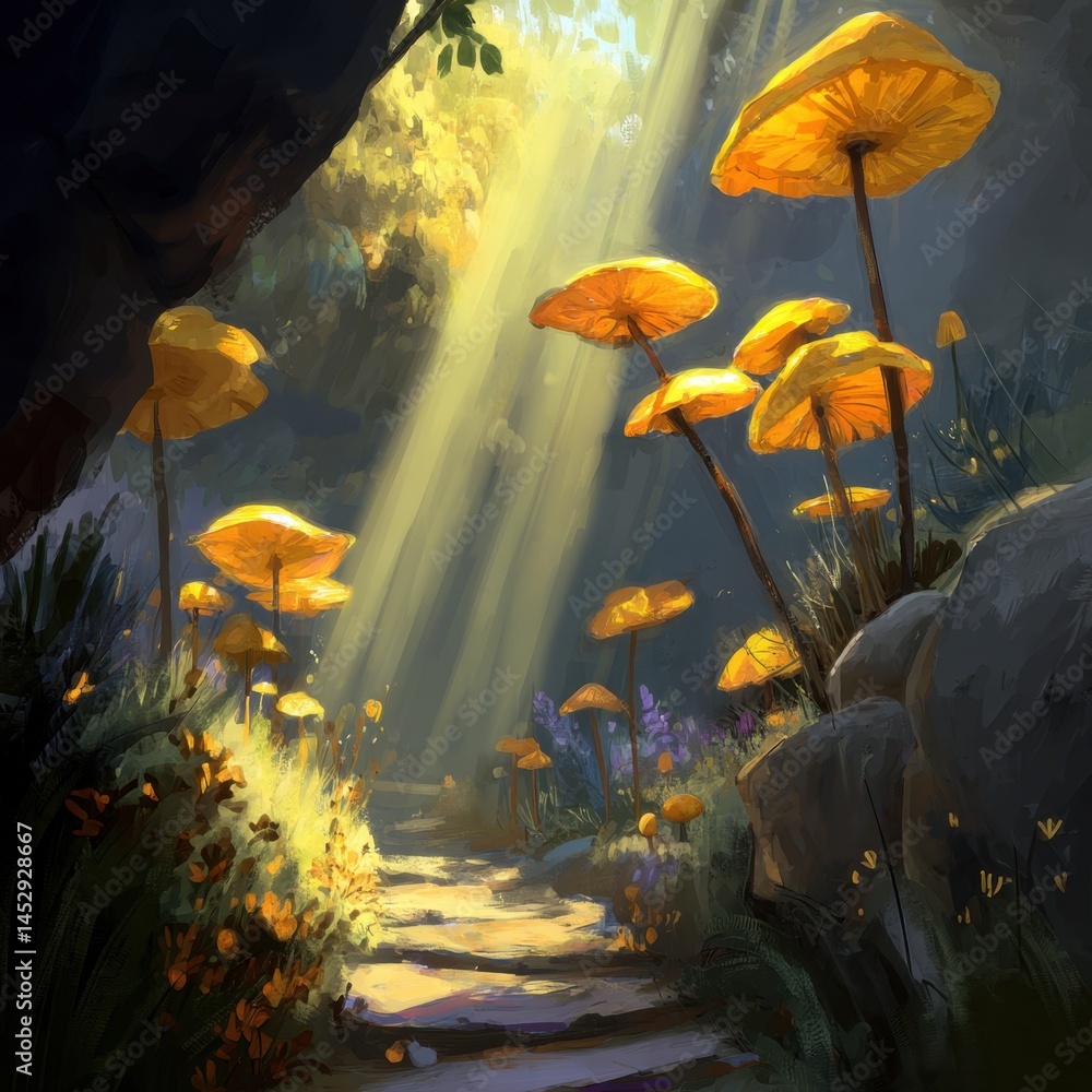Poster enchanting forest path illuminated by sunbeams filtering through golden mushrooms in a whimsical lan