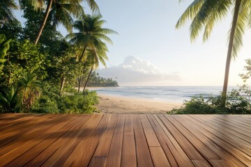 Fototapeta premium Tropical beach view with wooden deck and palm trees