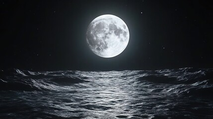 Bright full moon in starry sky above undulating lunar terrain.