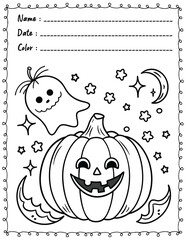Cute Monster Pumpkin Ghost Coloring Pages For Kids. High resolution (300 DPI), ready to print on standard 8.5x11 inch paper  With No Bleed, Black and White Vector illustration AI, EPS, PNG, JPEG.