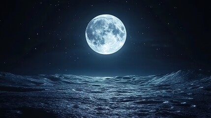 Bright full moon in starry sky above undulating lunar terrain.