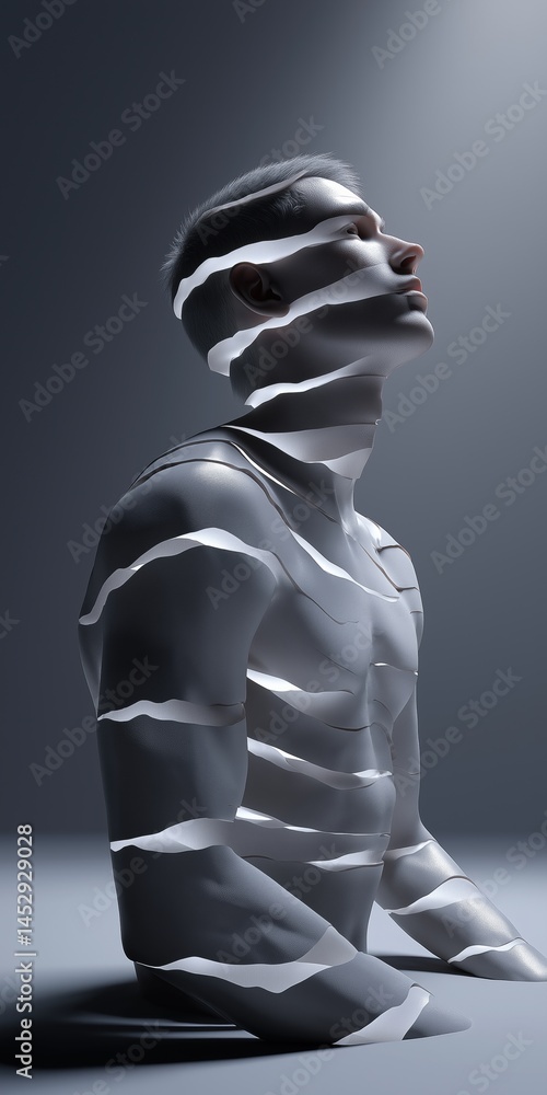 Poster a man's body is cut into pieces, creating a surreal and abstract image. the man's face is visible, b