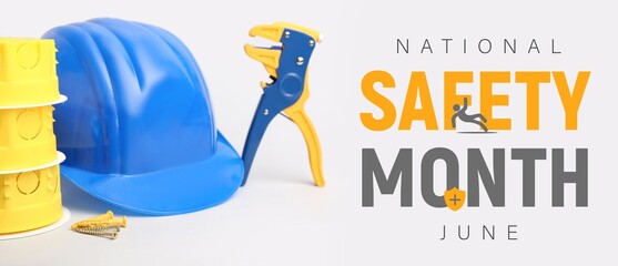 Hardhat and tools on light background. Banner for National Safety Month