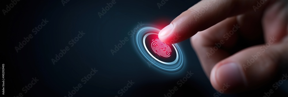 Poster a hand is pointing to a red circle with a fingerprint on it. concept of security and protection, as 