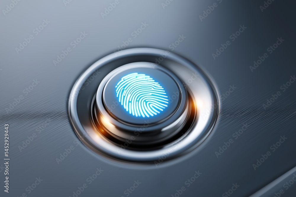 Poster a blue button with a fingerprint on it. the fingerprint is glowing and the button is surrounded by a
