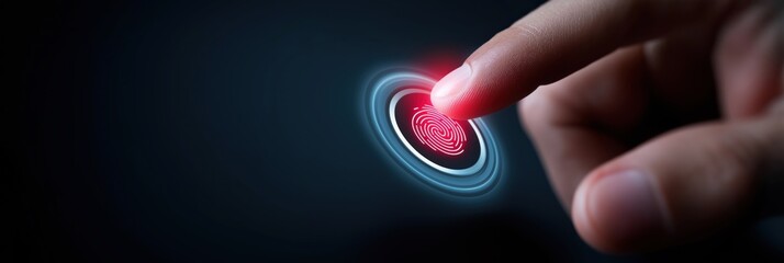 A hand is pointing to a red circle with a fingerprint on it. Concept of security and protection, as the fingerprint is a unique identifier that can be used to verify a person's identity