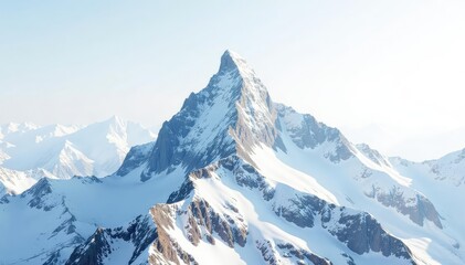 Fototapeta premium Snow-covered mountain peak, stark white against a brilliant white sky, alpine, winter landscape