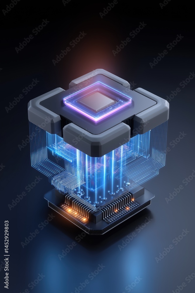 Poster a computer chip is shown in a cube shape with a blue light shining on it. concept of technology and 
