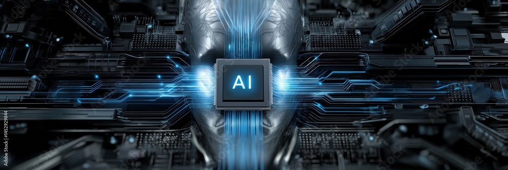 Poster a computer chip with the letters ai on it. the chip is surrounded by a blue background. concept of t