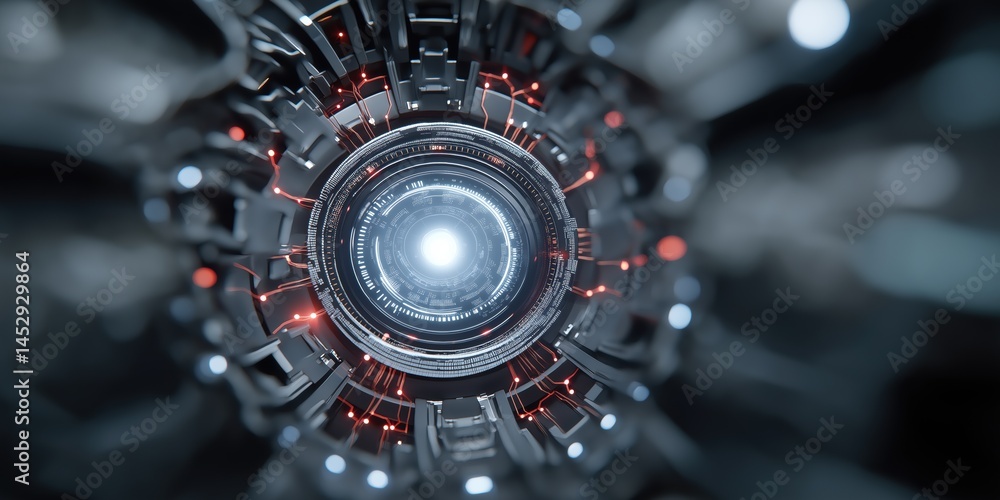 Poster a futuristic looking object with a bright light inside. the object is surrounded by a lot of red and