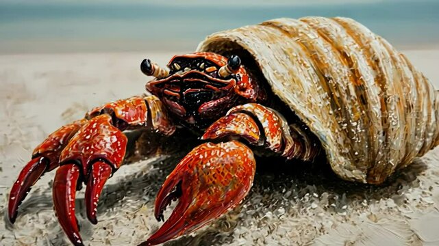 Hermit crab emerging from shell on sandy beach