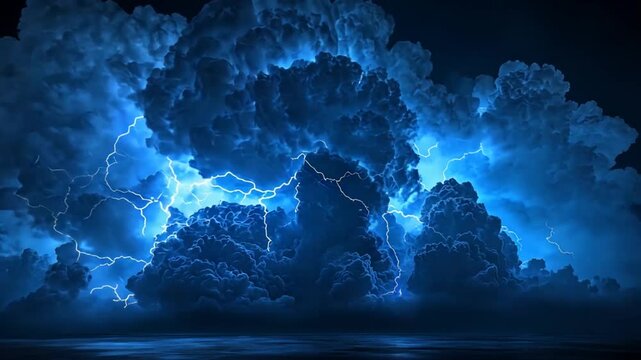 Powerful storm clouds with lightning over water. Dramatic sky.  Possible use Stock photo for weather, nature, or science