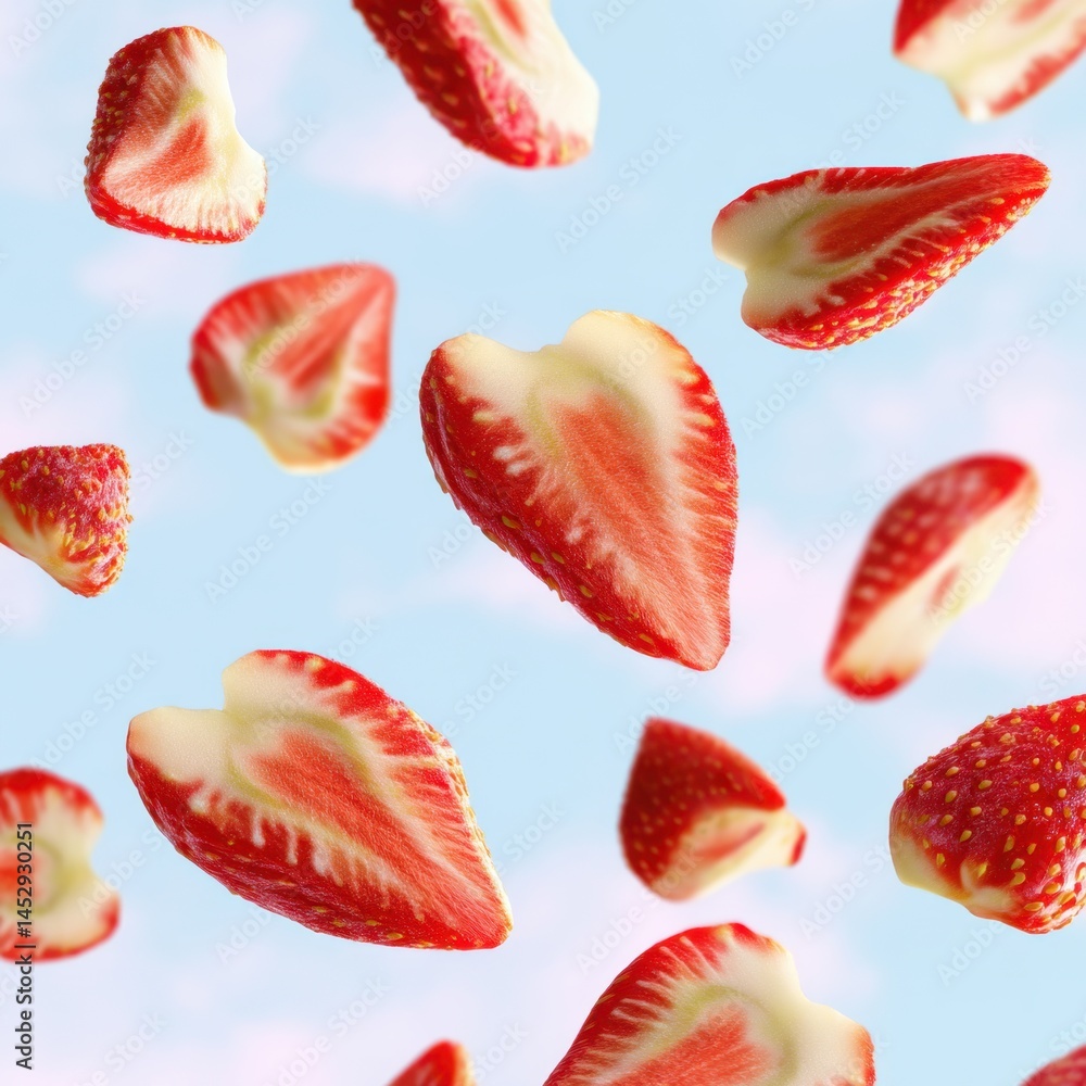 Poster sliced strawberry pieces floating against a soft blue sky background creating a refreshing and vibra