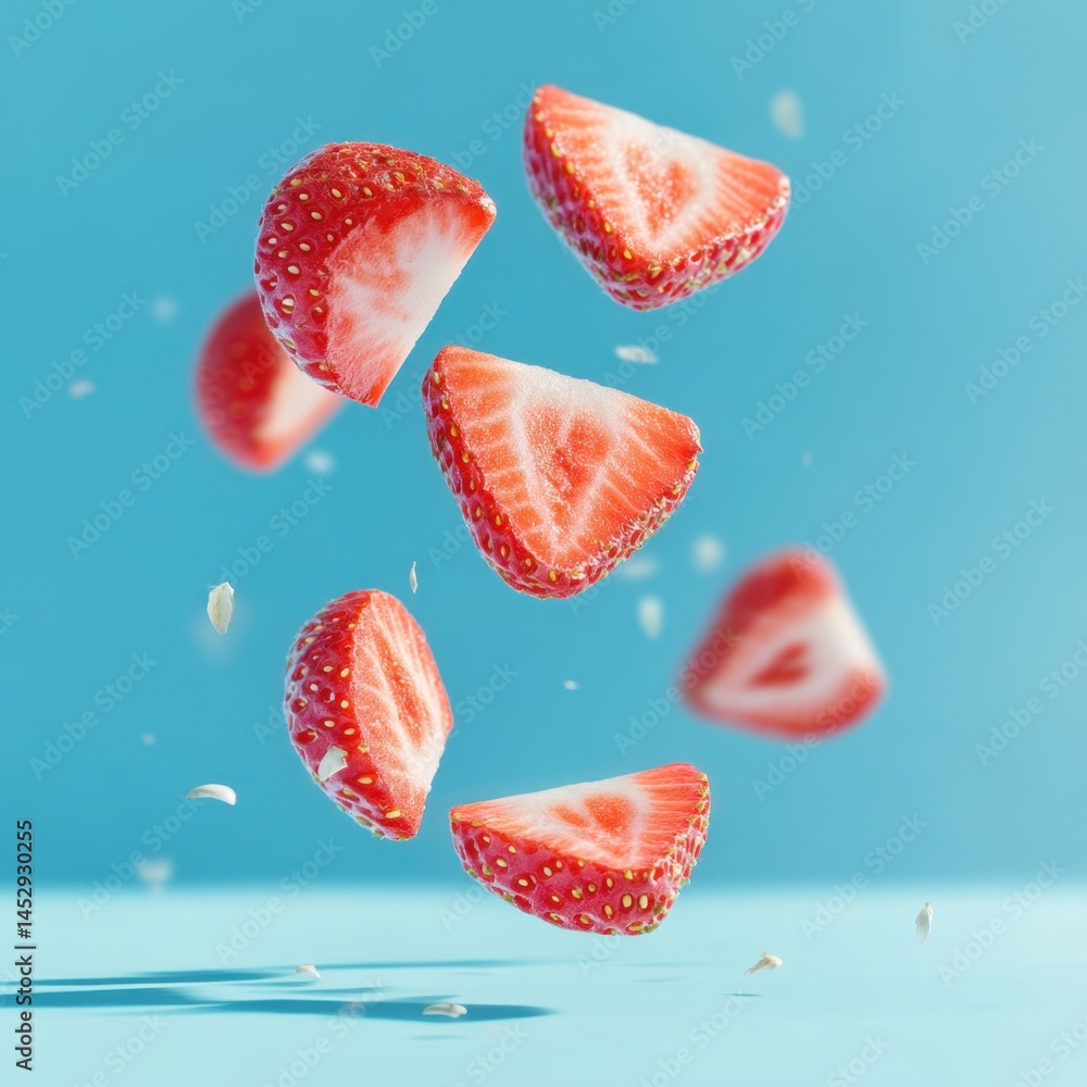 Poster sliced strawberries floating in a vibrant blue space creating a refreshing and delightful visual wit