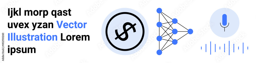 Poster neural network connecting data nodes, dollar emblem representing finance, and microphone with soundw