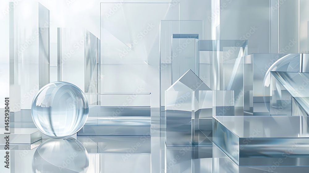 Poster abstract minimalist composition with transparent glass sphere and geometric blocks reflecting light 