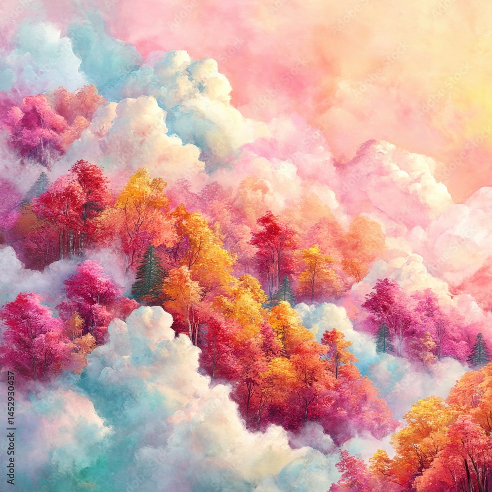 Poster ethereal autumn forest landscape with vibrant trees and soft clouds creating a dreamy and colorful n