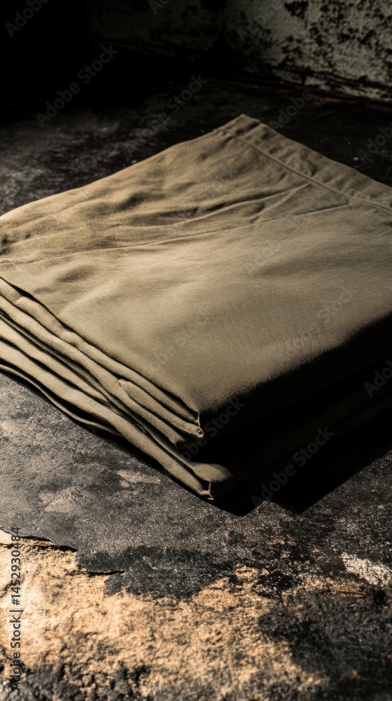 Aufkleber folded olive green fabric on a dark textured surface creating a rustic and moody still life textile 