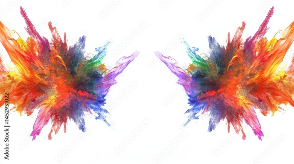 Poster symmetrical explosion of vibrant colors against a clean white background creating a dynamic and arti