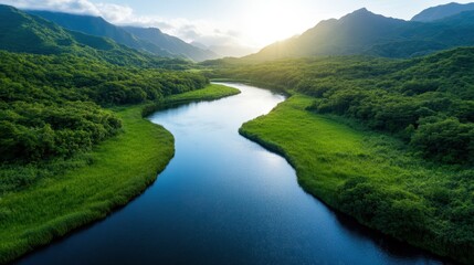 A stunning view of a winding river flowing through a rich green landscape, nestled between majestic mountains, embodying nature's untouched beauty and serenity.