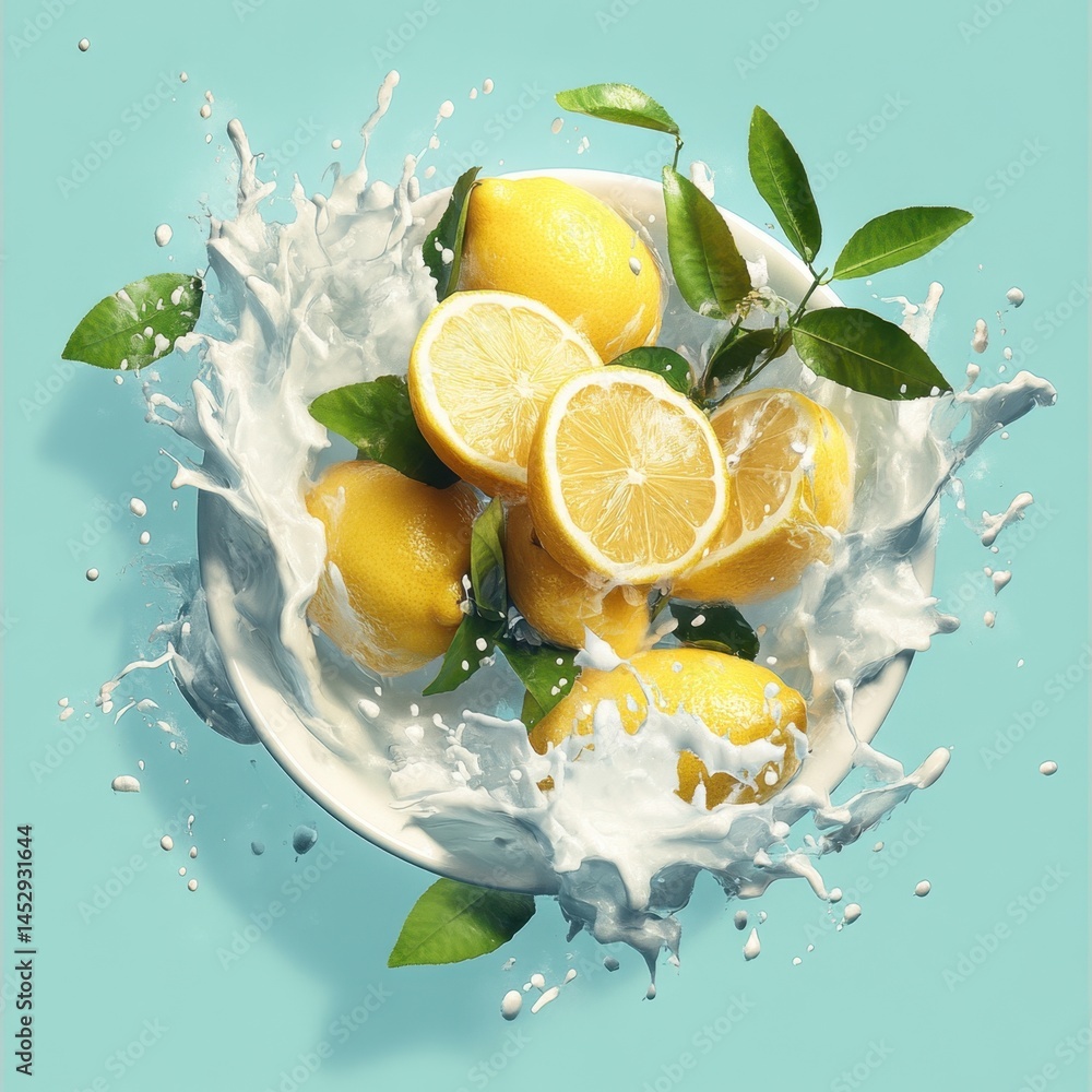 Poster vibrant lemons in a splash of milk creating a dynamic and refreshing composition against a serene bl