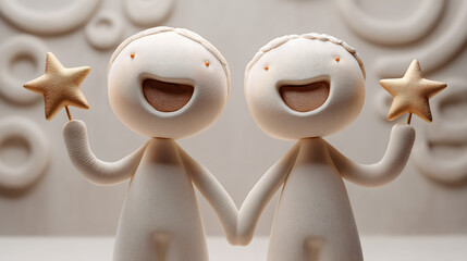 Two joyful, identical figures holding stars and smiling, symbolizing Gemini’s duality, communication, and bright personality.