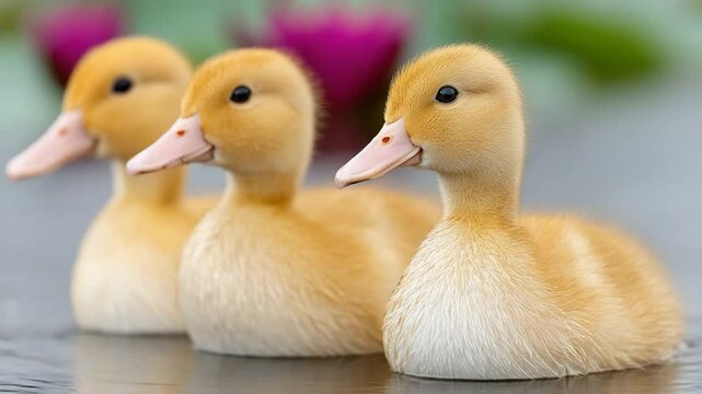 Quacking Trio: A captivating close-up of three fluffy ducklings, showcasing their adorable features, set against a blurred, serene backdrop.