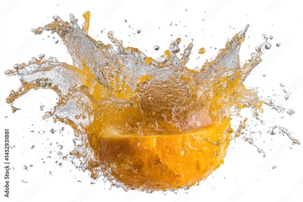 Poster vibrant orange slice explodes in refreshing splash against clean white backdrop capturing dynamic en