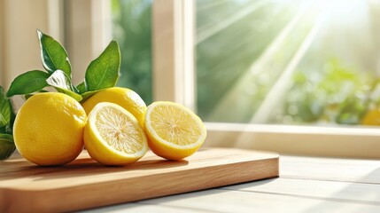 This image showcases vibrant lemons, sliced in half, resting on a natural wooden cutting board, capturing the essence of freshness and sunlight in a cozy kitchen setting.