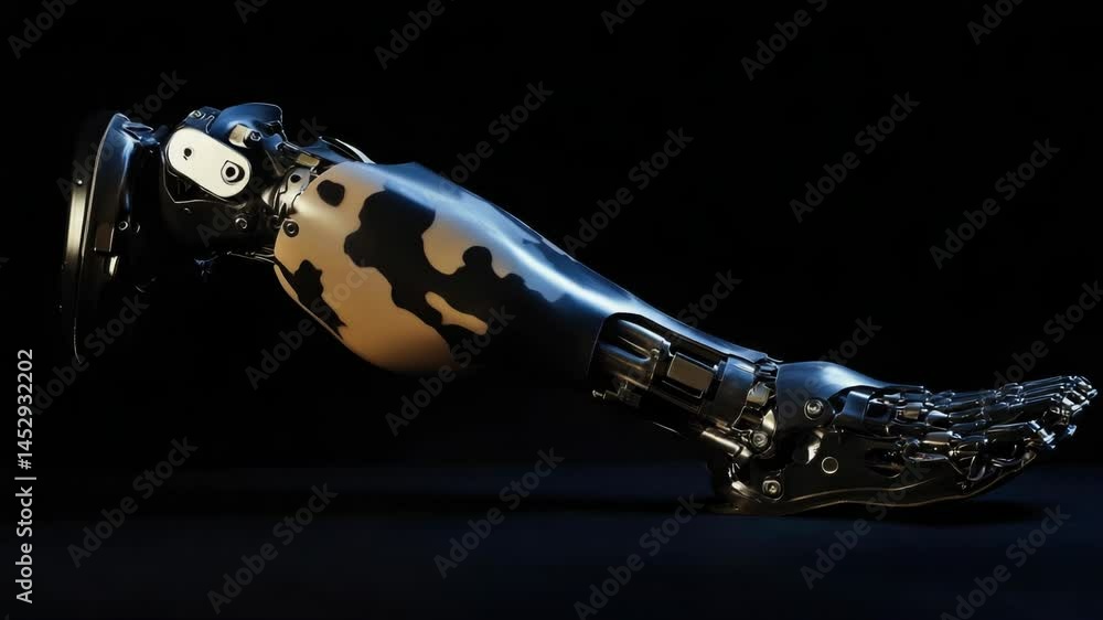 Poster a futuristic robotic leg designed with a cow print pattern, suitable for sci-fi or technology-relate