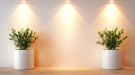 Two potted plants illuminated by warm lighting create a peaceful ambiance in a modern indoor setting, perfect for design enthusiasts seeking aesthetic inspiration.