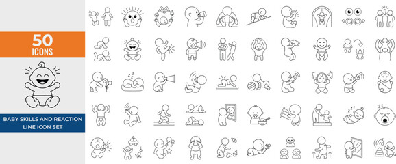 Baby Skills Icon Set in Thin Line Style Featuring Toddler Activities like Crawling, Feeding, Drawing, Motor Skills, Empathy, Speech, and Exploration