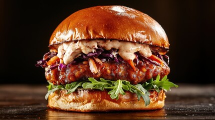 This gourmet burger boasts a glossy glaze, vibrant toppings, and fresh greens, presenting an appetizing meal that appeals to food lovers and gastronomic enthusiasts everywhere.